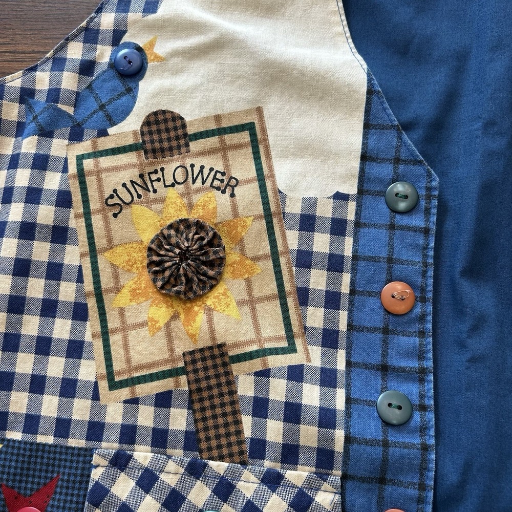 Handmade Blue Gingham Sunflower Appliqué Novelty Button Vest Cottagecore OS - Picture 12 of 15